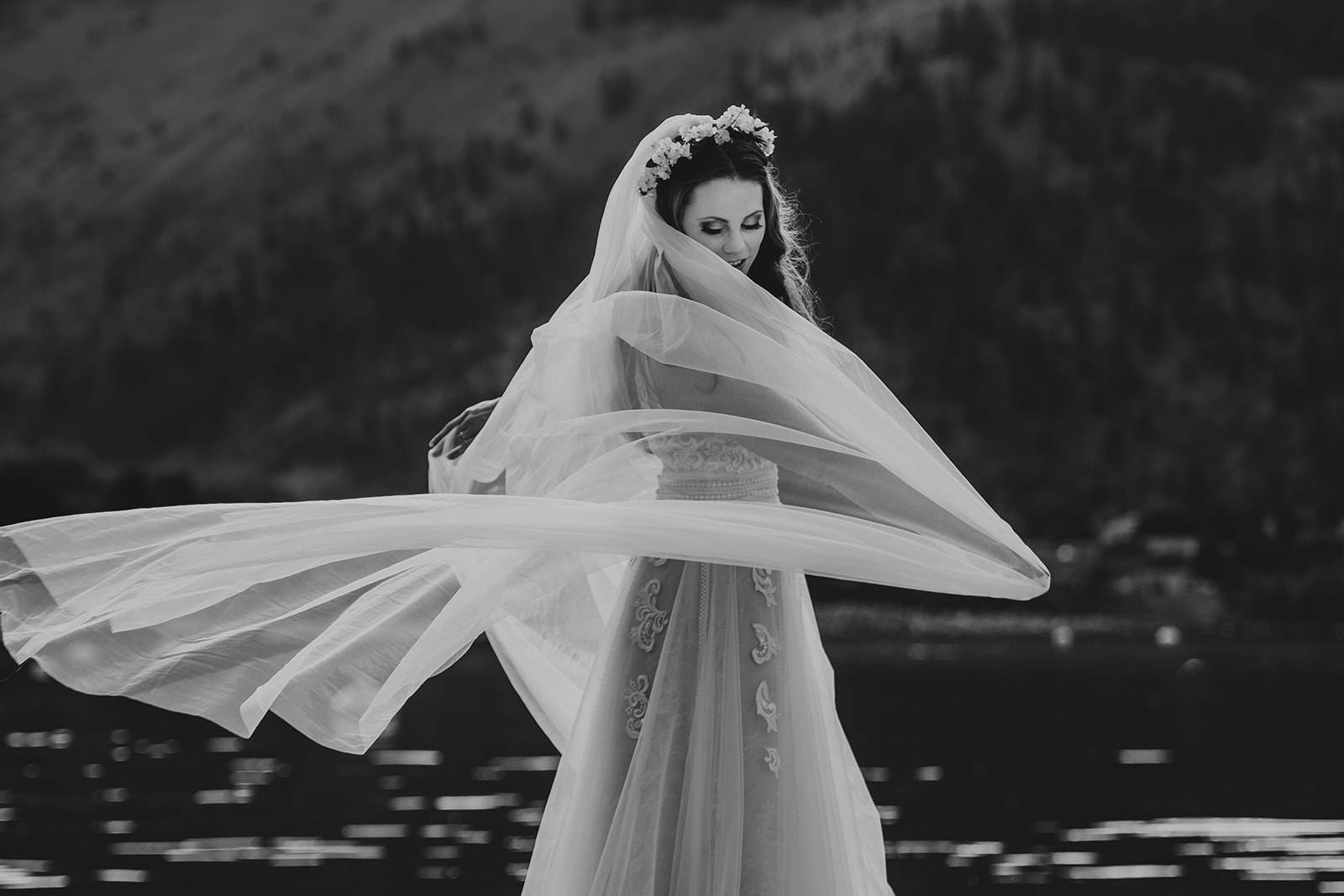 black and white photograph of the bride shot by professional photographer KGOODPHOTO in Victoria BC