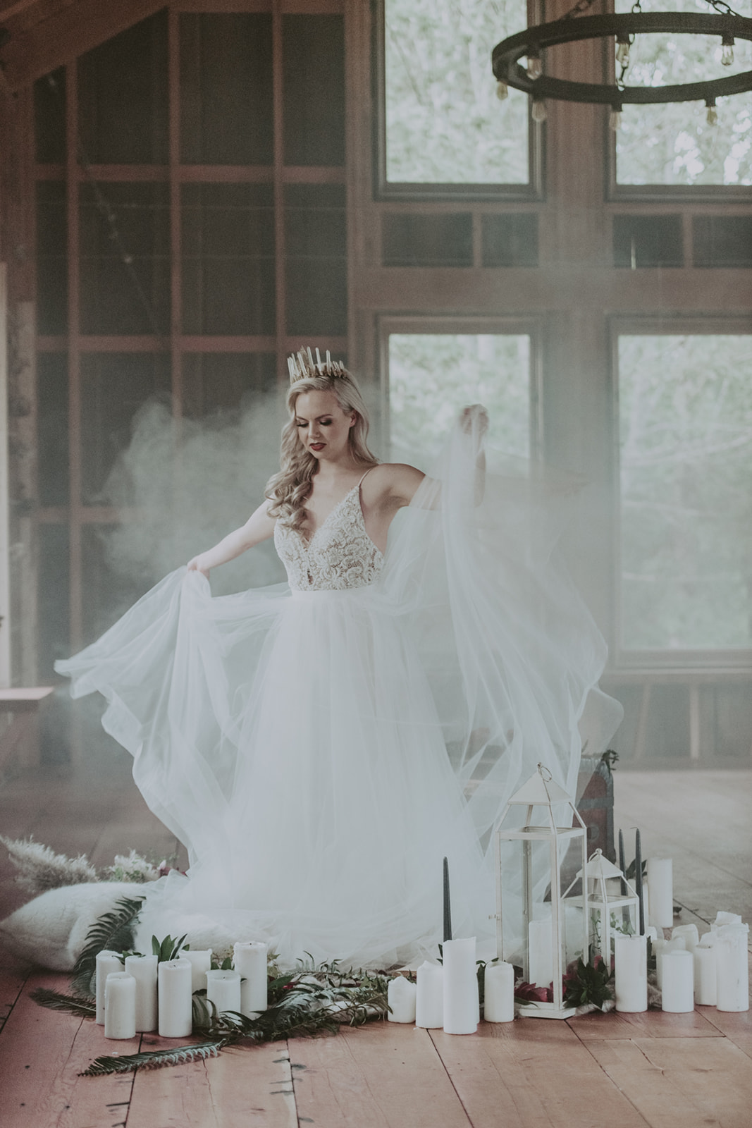bride in smoke in a creative photo shoot