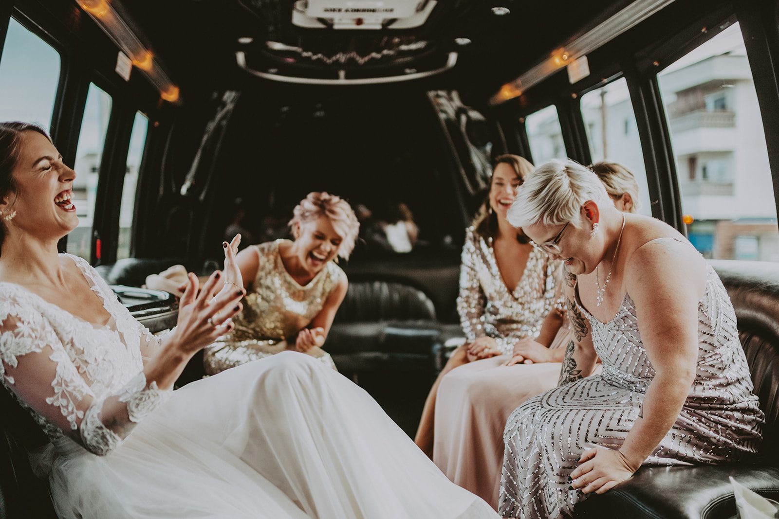 bridemaids in limo